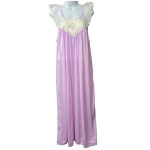 Vintage 60s Nylon Night Gown L Maxi Sheer Lace Embroidery Floral Purple Stardust